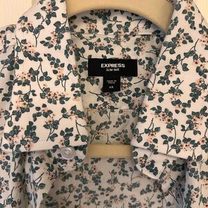 Express White Button-Up Shirt with Green Leaves and Blush Floral Print